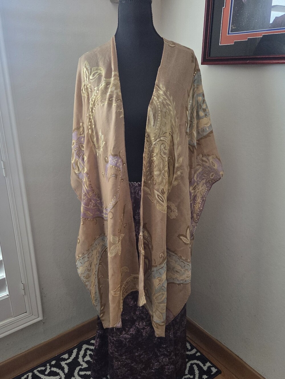 Tan Paisley Kimono Cover-Up with Lavender Accents Fairy Whimsical Artsy Summer